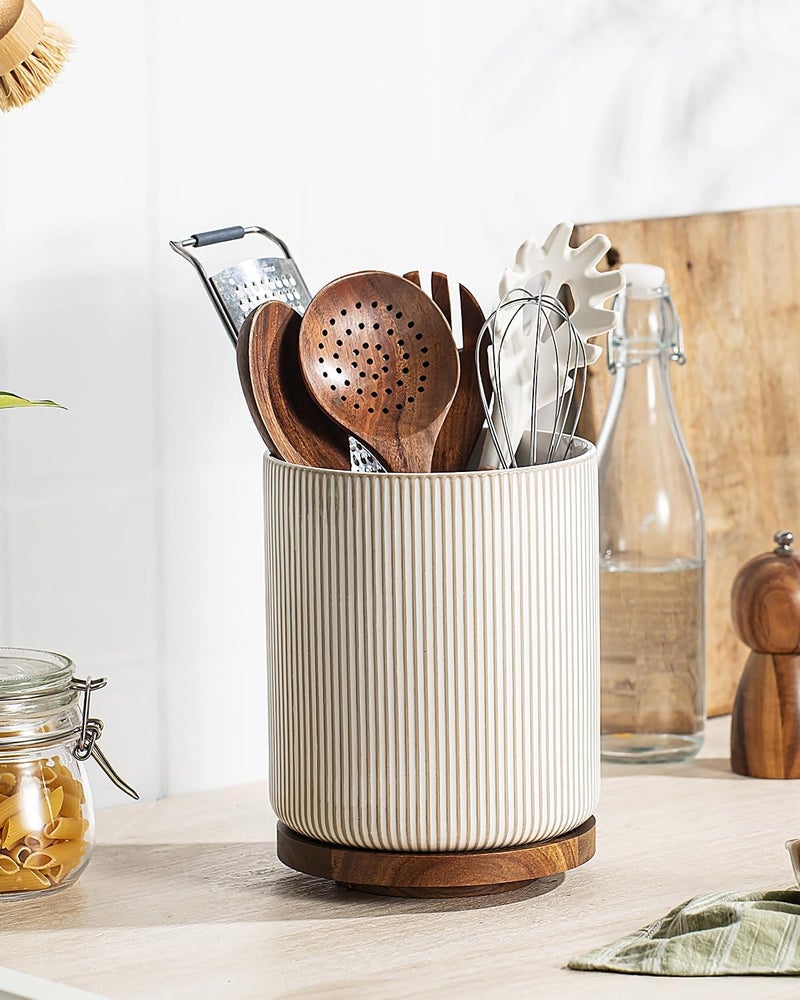 GET STAR 7.9" Extra Large Utensil Holder for Kitchen Counter,360°Rotating Ceramic Utensils Crocks Utensil Organizer for Spatula Farmhouse Kitchen Decor - Image 5